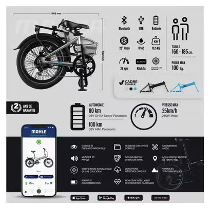 Legend Monza Vélo Electrique Pliant Smart eBike Roues de 20 Pouces Freins Disque Hydraulique Batterie 36V 14Ah Panasonic (504Wh) Noir Onyx